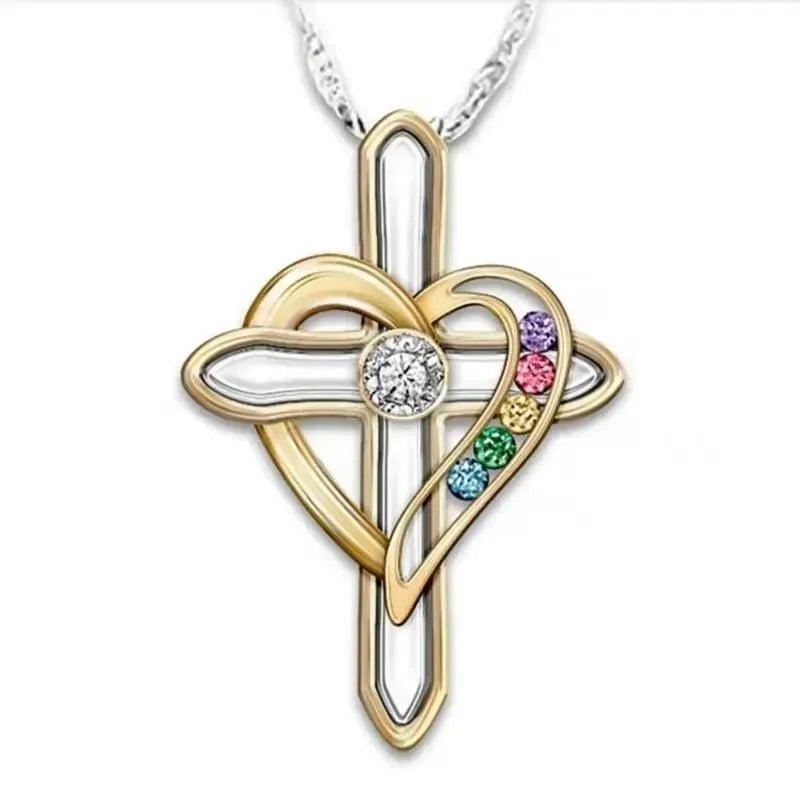 Cross Love Colorful Imitatio Gemstone Pendant Alloy Clavicle Chain Necklace - EX-STOCK CANADA