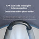 A close-up of a black curved phone holder mounted on a white device, with promotional text above reading 'APP scan code intelligent interconnection' and 'Comes with mobile phone holder' on a blue-gray background.