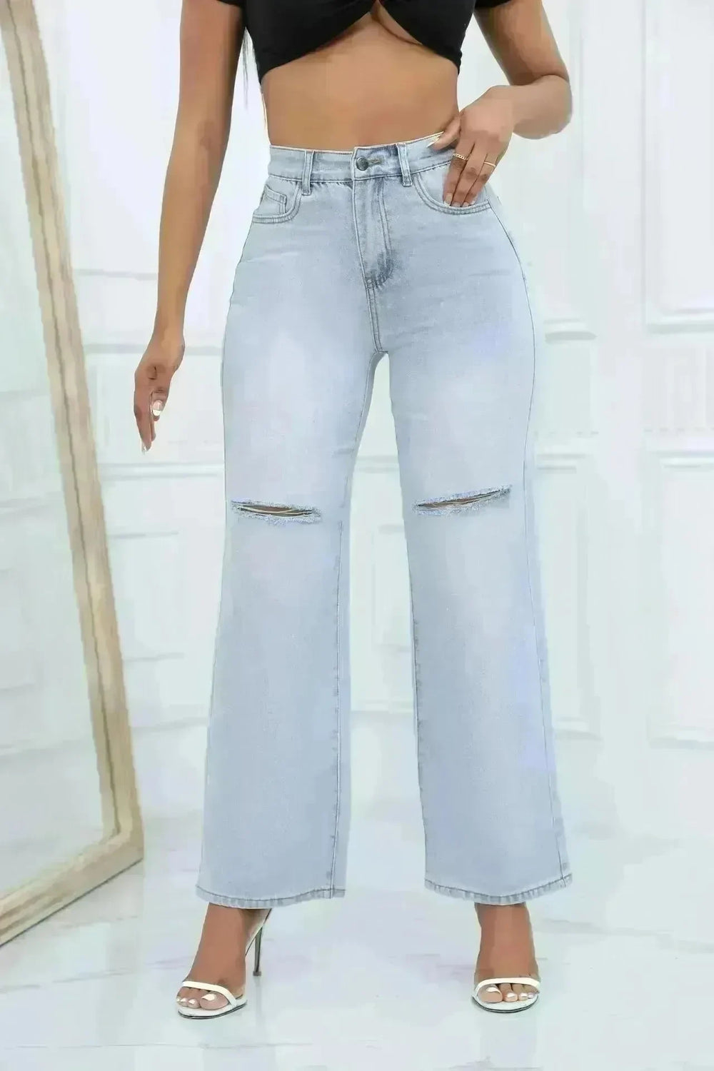 Elegant Ripped Wide-leg Baggy Jeans Pant Women - EX-STOCK CANADA