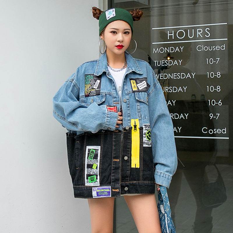 Personality Stitching Graffiti Patch Denim Loose Jacket Women EX-STOCK Canada 