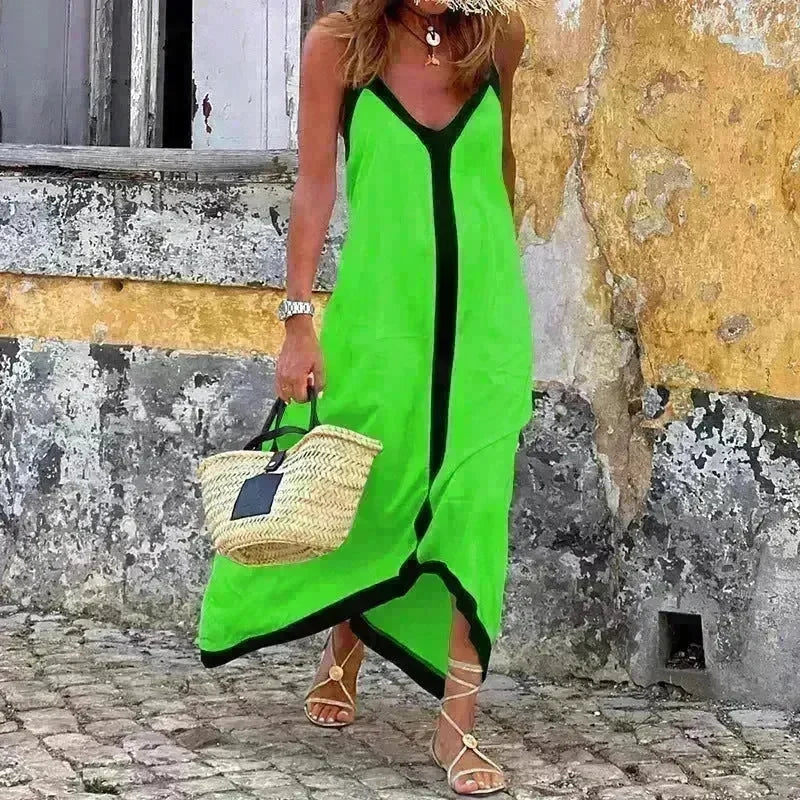 Women's Fashionable Casual Solid Color Spaghetti Straps Sleeveless V-neck Midi Dress - EX-STOCK CANADA
