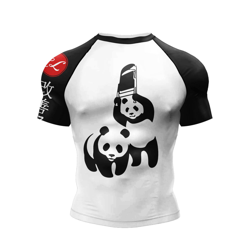 A short-sleeve athletic rash guard with a black and white raglan design, featuring a black panda graphic on the front and a red circular logo on the right sleeve.