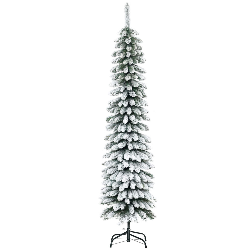 6 Ft Snow-Flocked Artificial Christmas Tree, Slim Pencil Xmas Tree With Realistic Branches, Metal Base, Green EX-STOCK Canada 