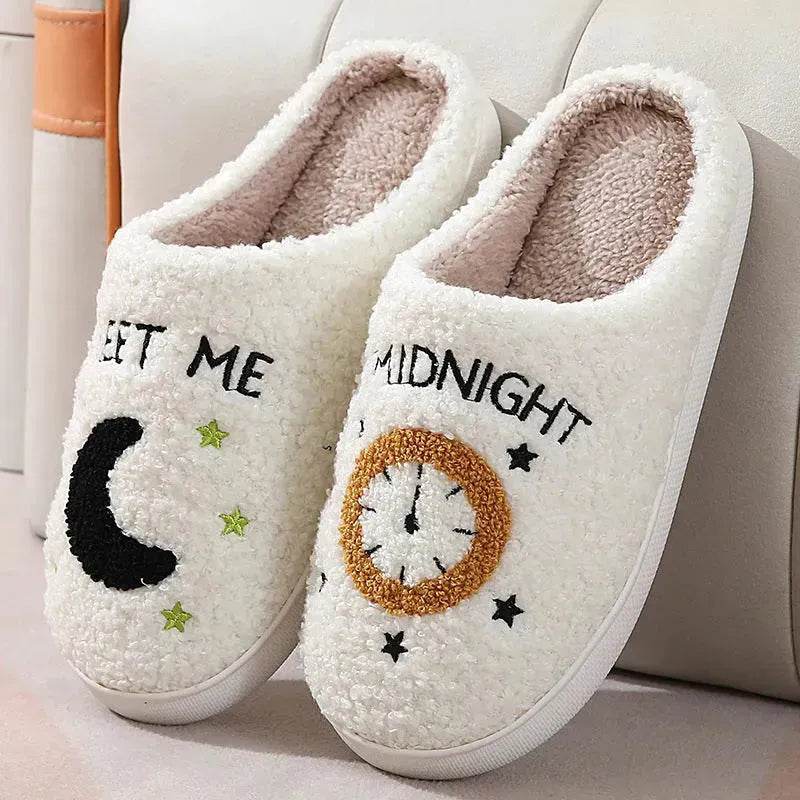 Fashion Moon And Clock Print Home Slippers Winter Warm Floor Bedroom House Shoes For Women - EX-STOCK Canada