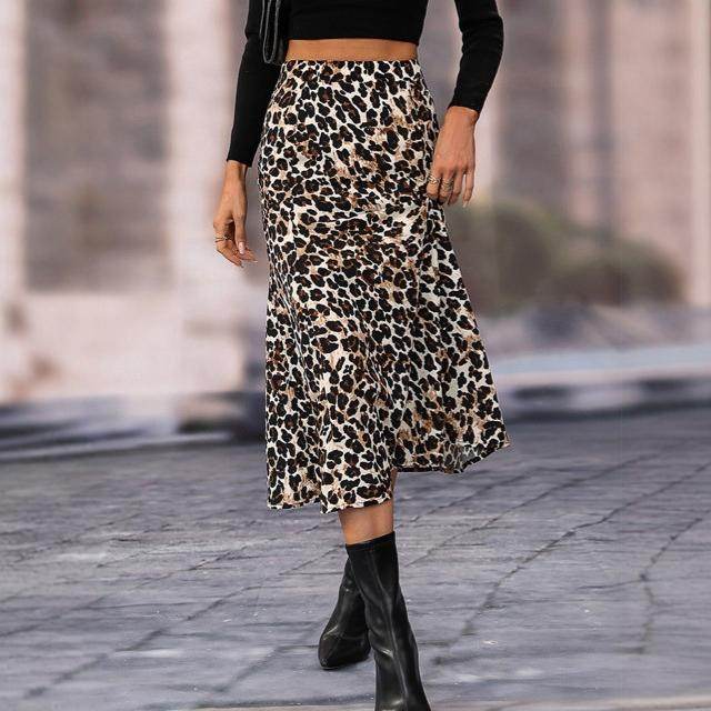 Women's A- Line Umbrella Skirt High Waist Leopard Print Midi sheath Skirt - EX-STOCK Canada