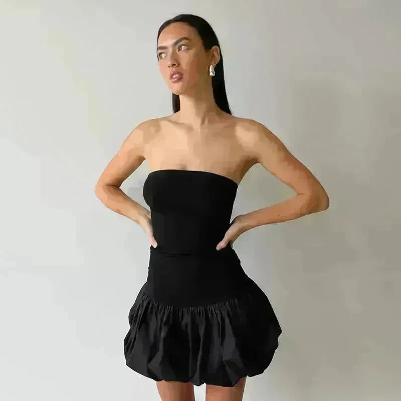 Chic Tube Top Dress Summer Solid Color Pleated Skirt Dress Women Fashion Short Mini Skater Dresses  Evening Party Cocktail Dress for Ladies - EX-STOCK CANADA
