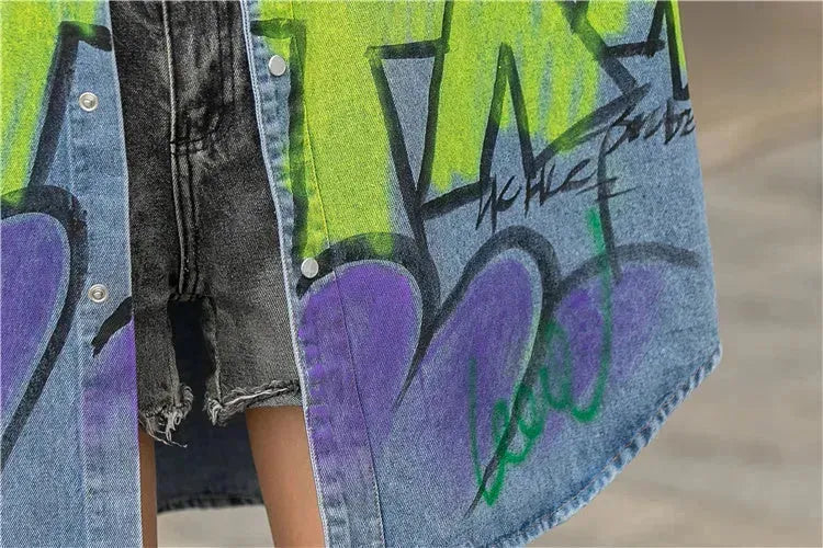 Oversized Graffiti Print Denim Jacket Women Loose Fried Street fashion - EX-STOCK CANADA