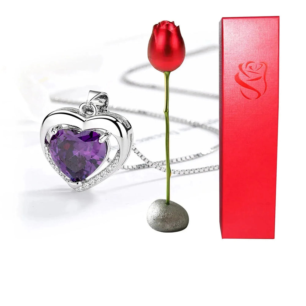 Valentines Day Gift Heart Shaped Blue Purple Crystal Diamond Pendant Rose Head Necklace - EX-STOCK CANADA