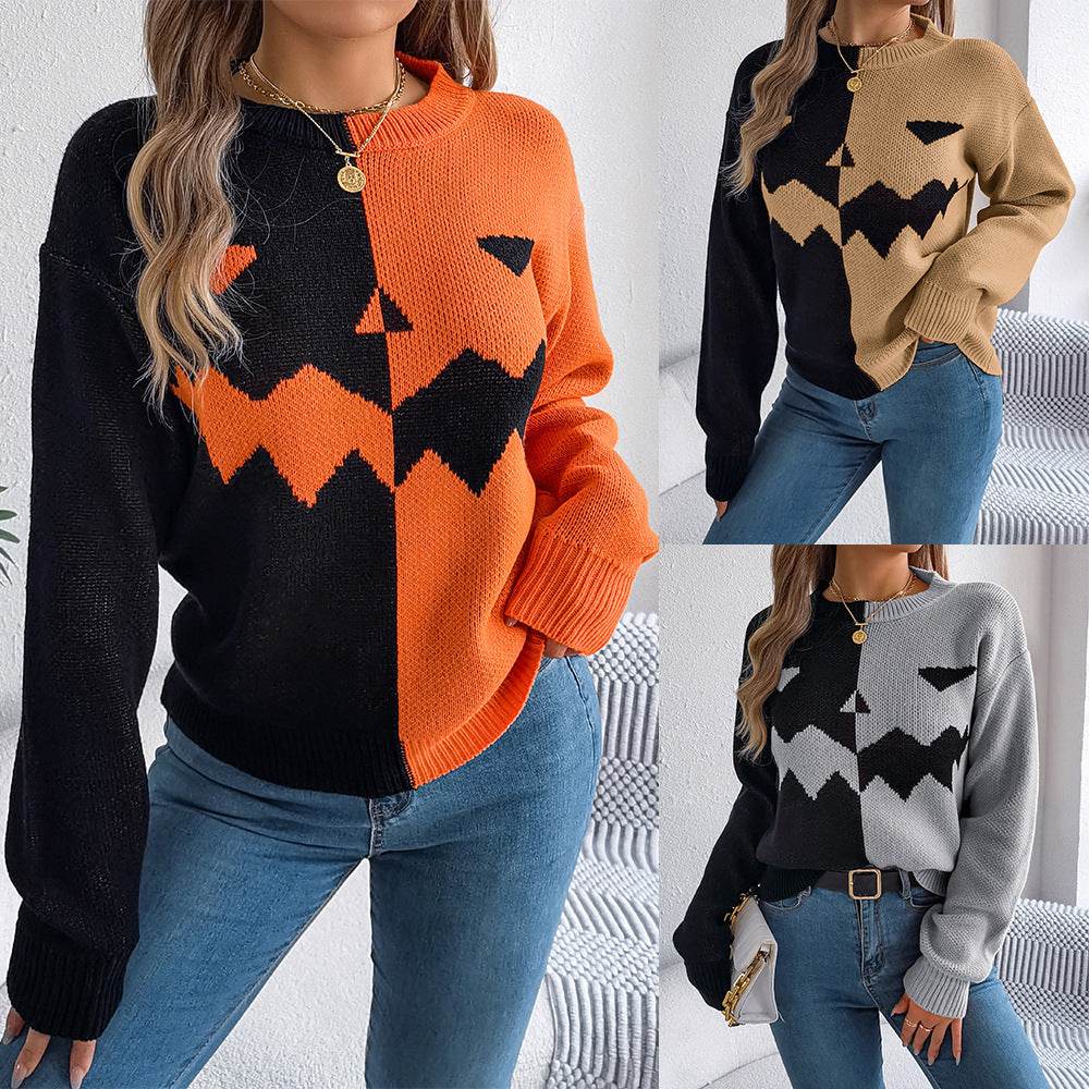 Fall And Winter Halloween Spooky Pumpkin Contrast Long Sleeve Pullover Sweater Women's Clothing - EX-STOCK Canada