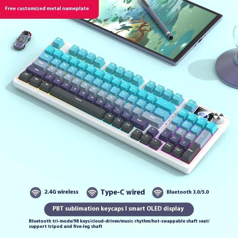 Colorful keyboard with gradient keys on a light blue background, featuring text about its features.