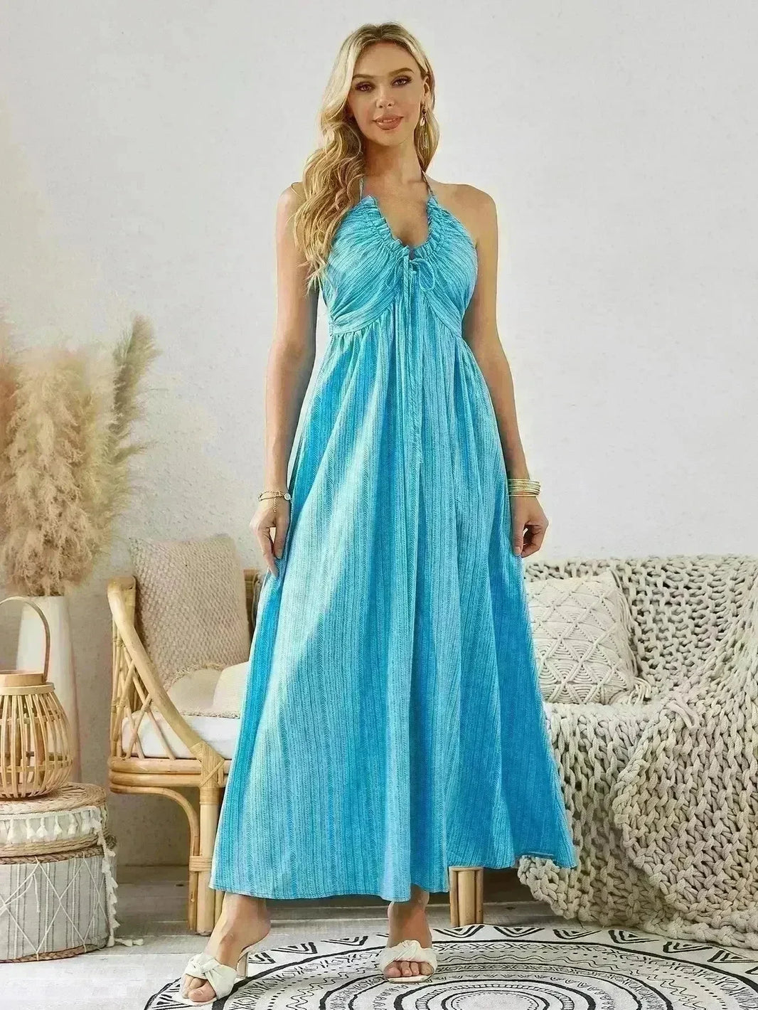 Bohemian Halter Maxi Dress - Women's Summer Sleeveless Flowy Beach Dress - EX-STOCK CANADA