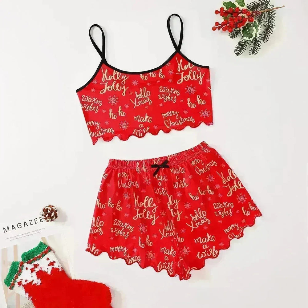 Christmas European And American Thin Pajamas Women's Sleeveless Shorts Milk Silk Simple Casual Two-piece Suit Homewear - EX-STOCK CANADA