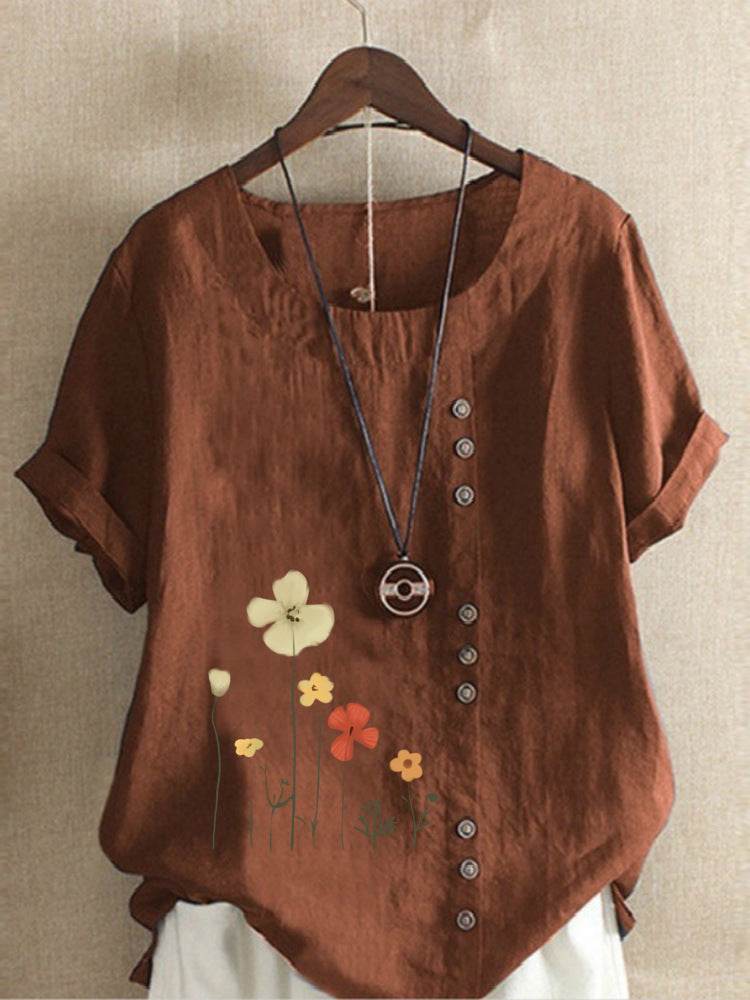 Casual Summer Beach Cotton And Linen Printed Elegant Short Sleeve blouse Top Women - EX-STOCK Canada