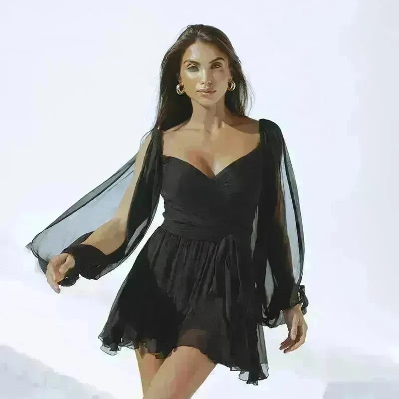 Women's Solid Color Chiffon Slim Fit Short Dress Mini Skater Flared Dress for Chic Ladies - EX-STOCK CANADA