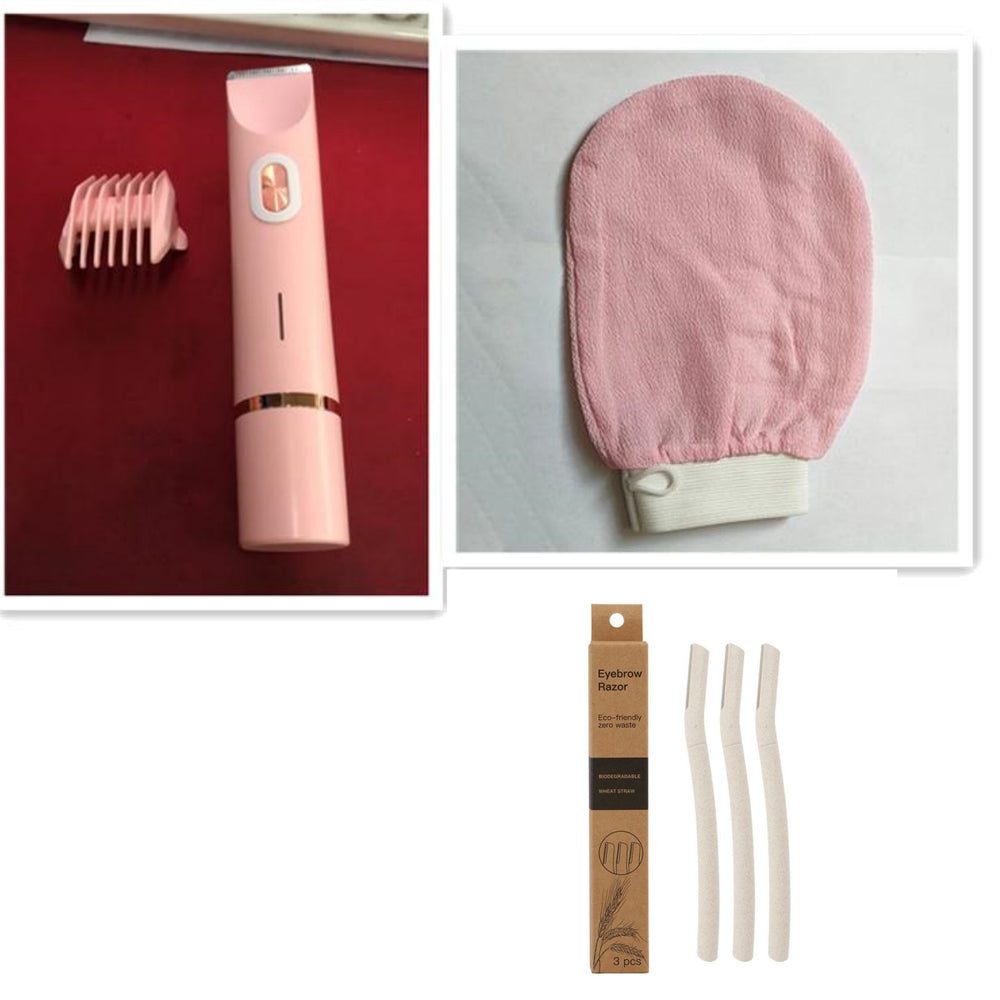 Collage of a pink hair removal device, attachments, and packaging on a white background