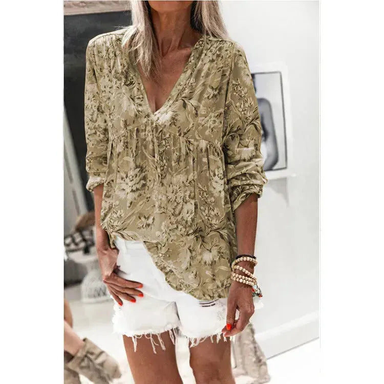 Women Casual Spring Summer New Style Blouse top Printing V-Neck Long-Sleeved - EX-STOCK CANADA