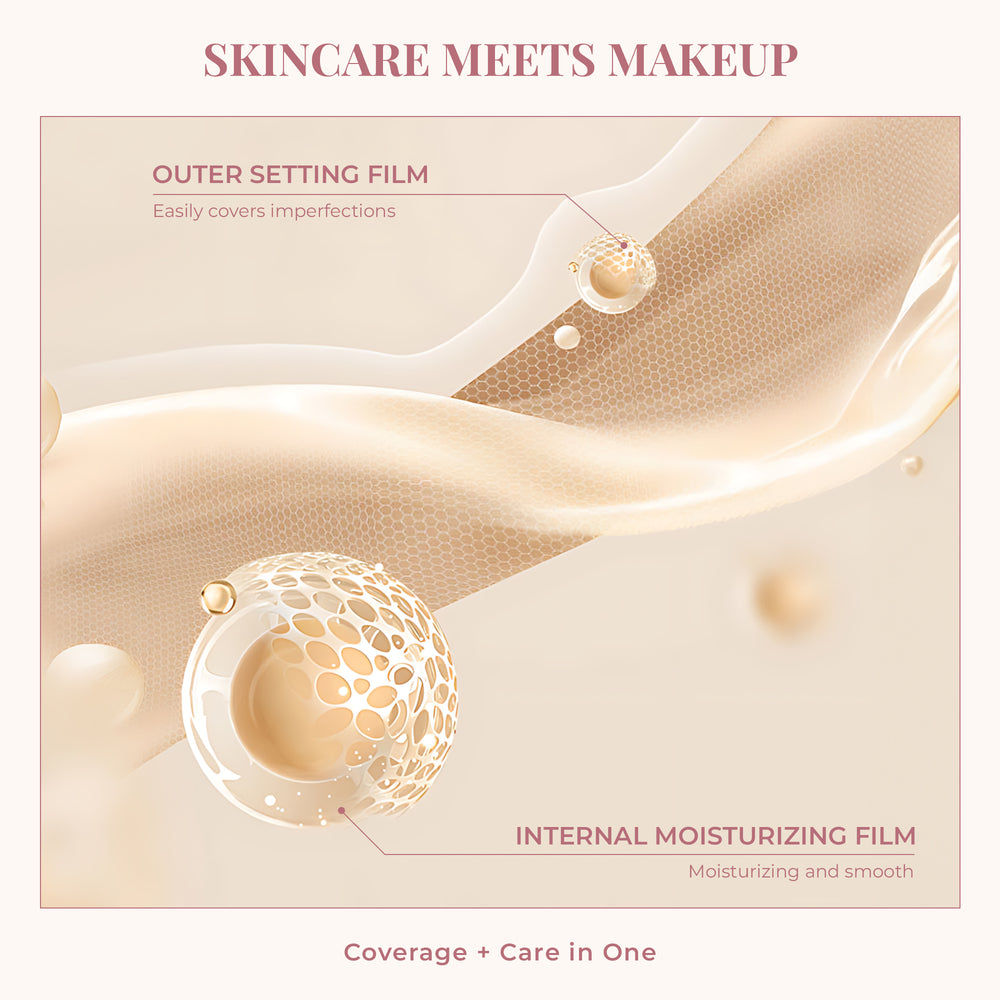 Product packaging with skincare and makeup theme, featuring a film on skin texture.