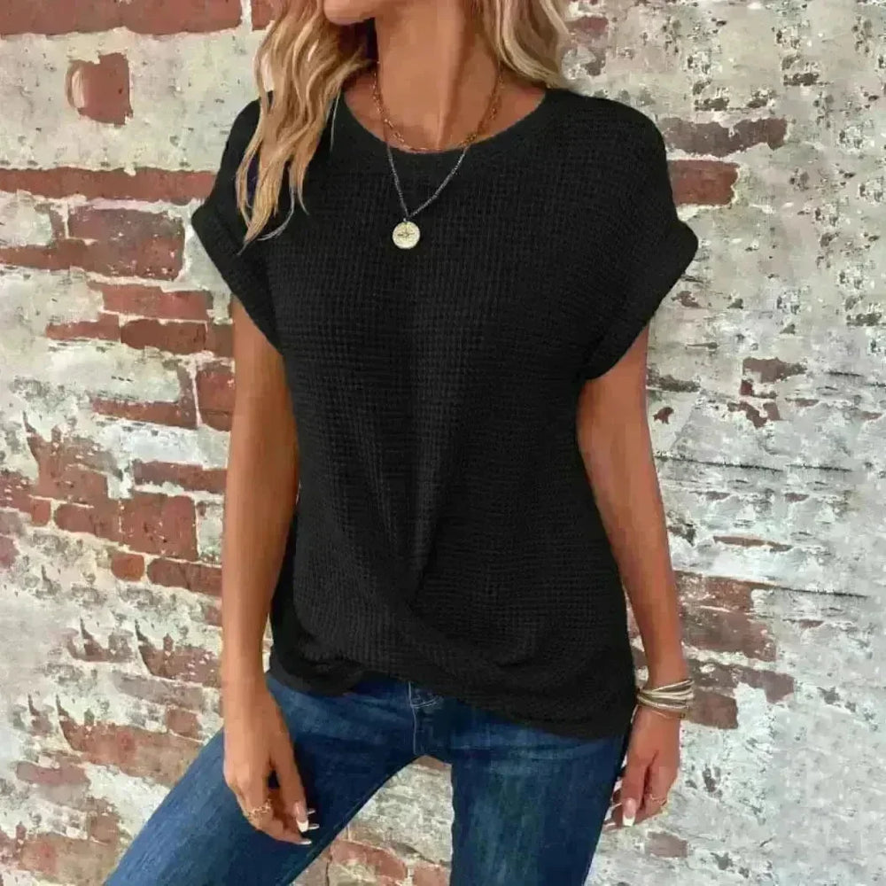 Casual Summer Short-sleeved Waffle blouse Top Summer New Solid Color Casual Evening Top For Women - EX-STOCK CANADA