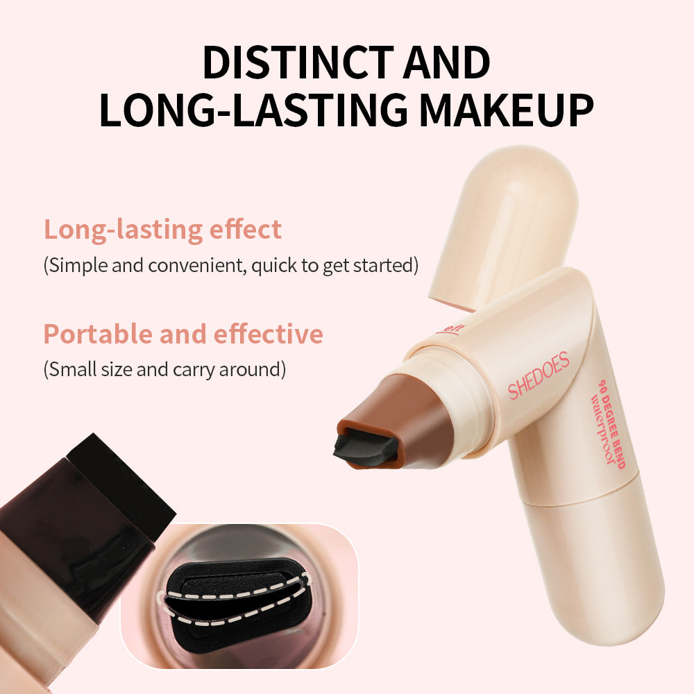 Makeup product with text highlighting long-lasting effect and portability on a white background