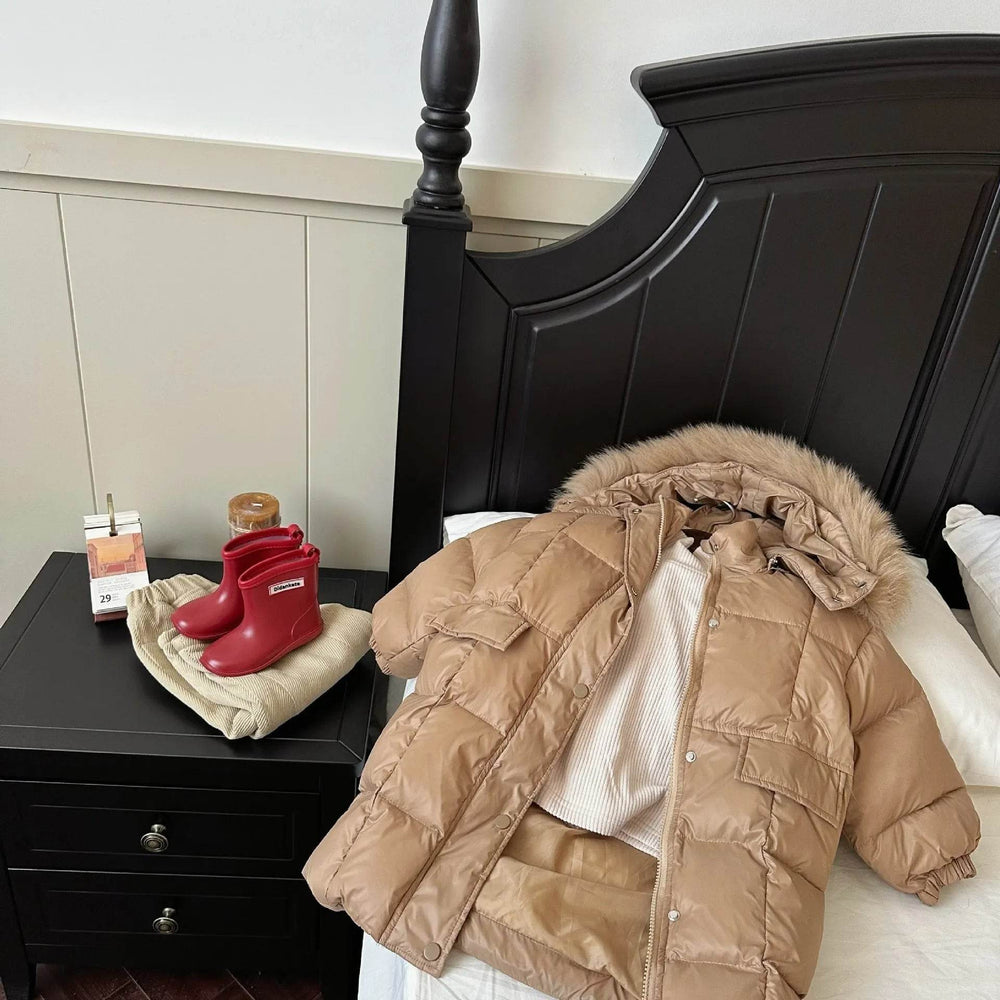 Solid Color Fur Collar Down Jacket Baby Long Section - EX-STOCK Canada