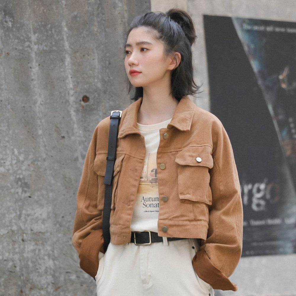 Single Breasted Long Sleeve Cargo Crop Denim Jacket Women - EX-STOCK Canada