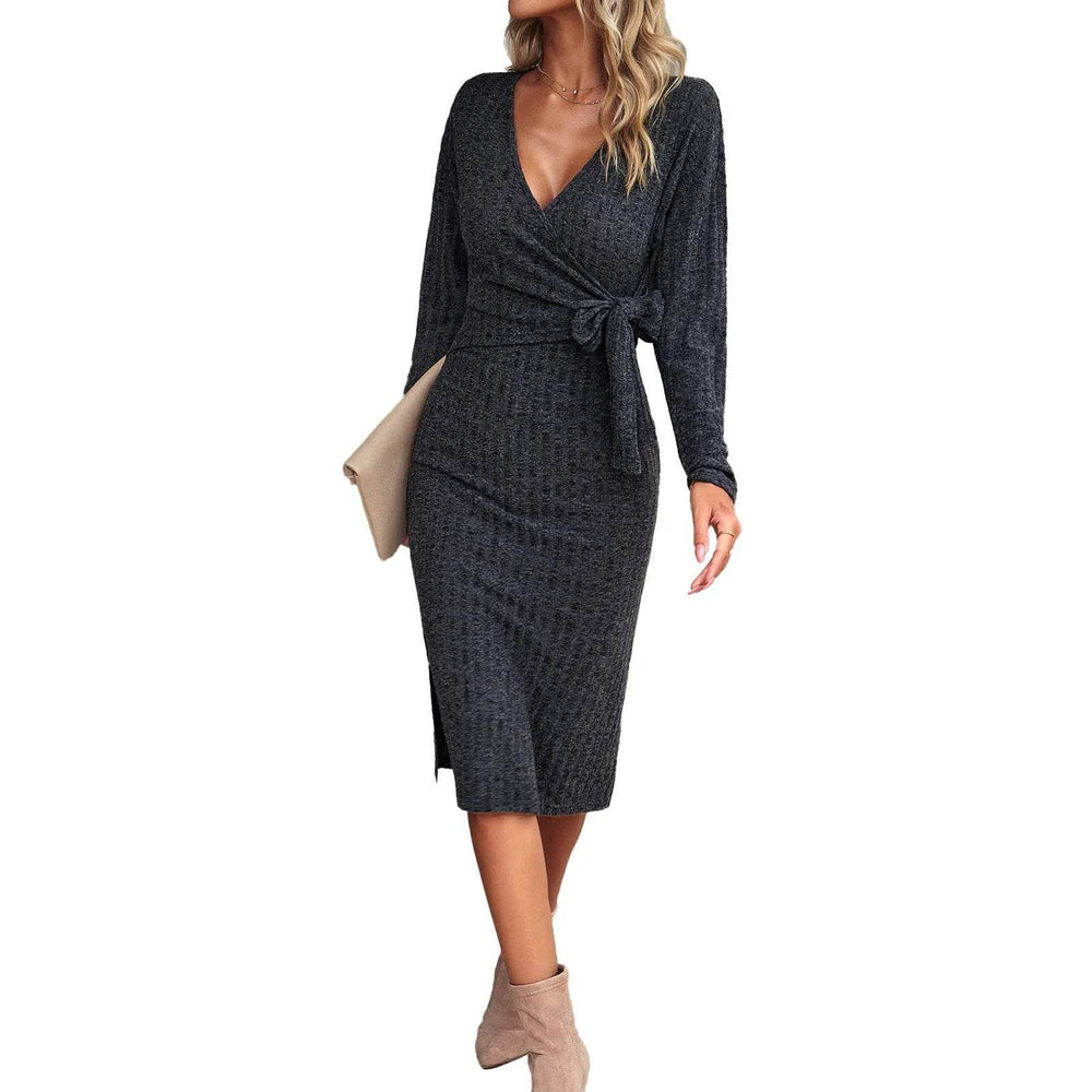 Autumn And Winter V-neck Long Sleeve Knitted sweater Wrap Dress - EX-STOCK Canada