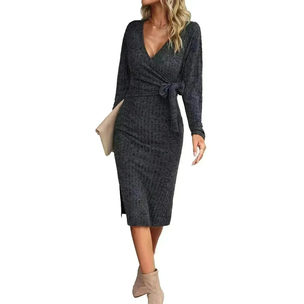 Autumn And Winter V-neck Long Sleeve Knitted sweater Wrap Dress - EX-STOCK CANADA
