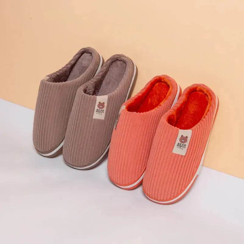 Solid Color Striped Slippers For Women Thick-soled Anti-slip Indoor Warm Plush Home Shoes Couple Women Men Slipper Winter - EX-STOCK Canada