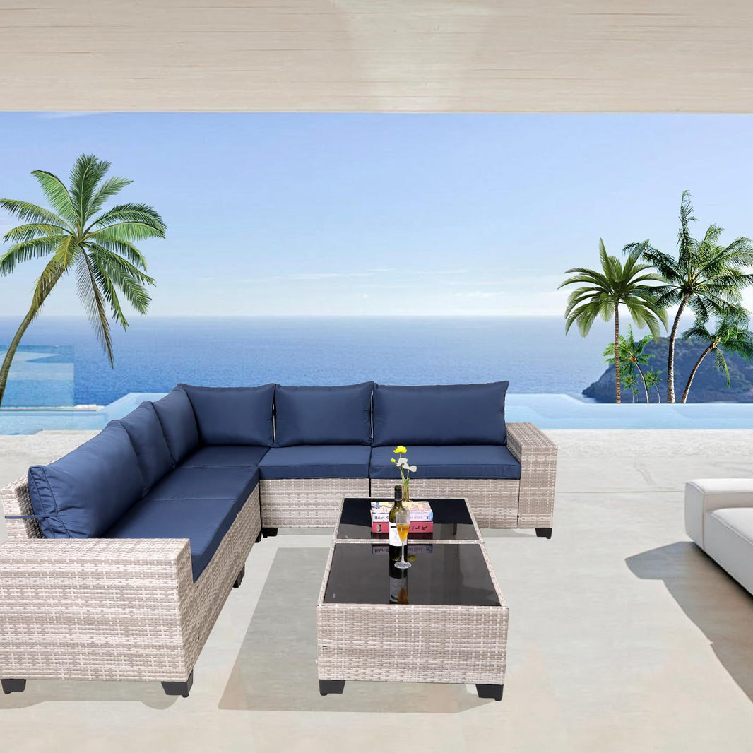 7-Piece Outdoor Patio Furniture Sets, All-Weather Wicker Rattan Sectional Sofa, Modern Two Glass Coffee Table And Washable Seat Cushion EX-STOCK Canada 
