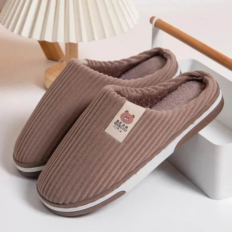 Solid Color Striped Slippers For Women Thick-soled Anti-slip Indoor Warm Plush Home Shoes Couple Women Men Slipper Winter - EX-STOCK Canada