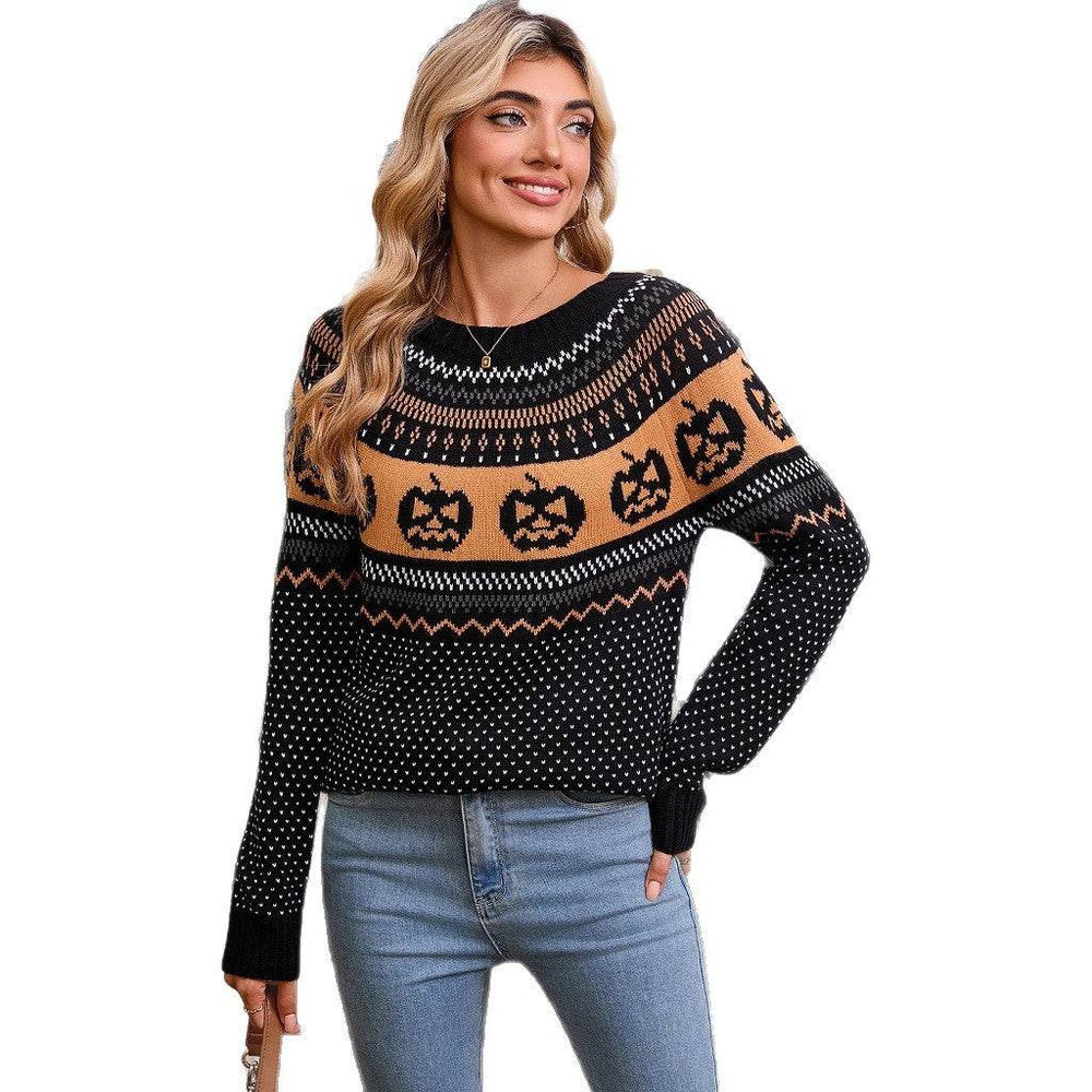 Women's Halloween Pumpkin Embroidered Retro Long-sleeved Sweater - EX-STOCK Canada