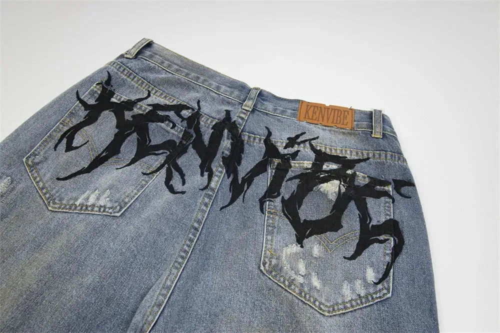 Punk Make Old Ripped Letter Denim Trousers Men Jeans - EX-STOCK CANADA