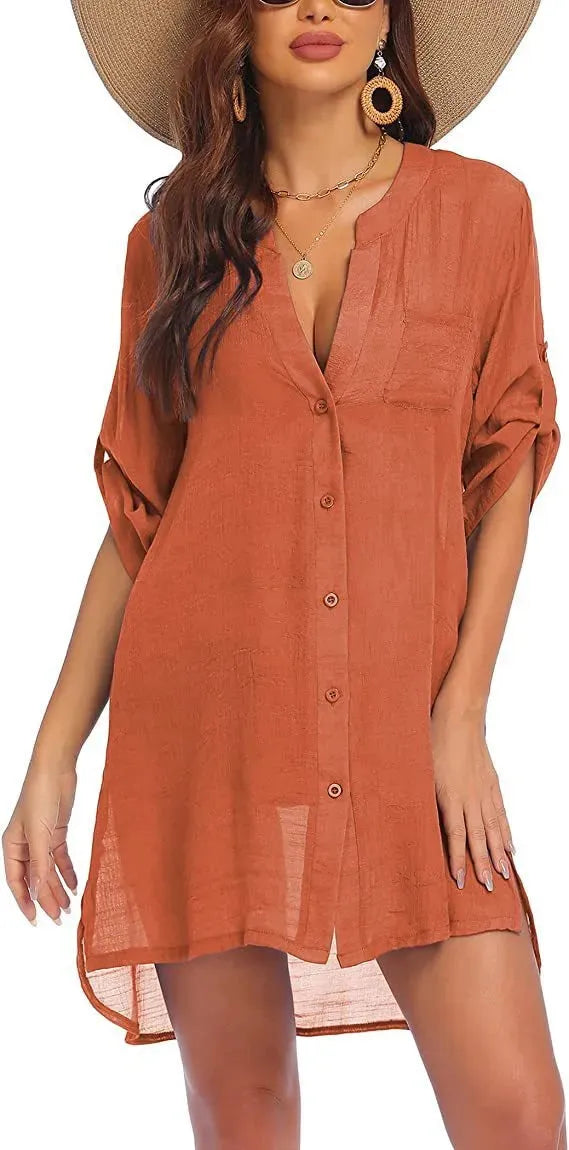 European And American Sun Protection Women Beach Linen Shirt dress - EX-STOCK CANADA