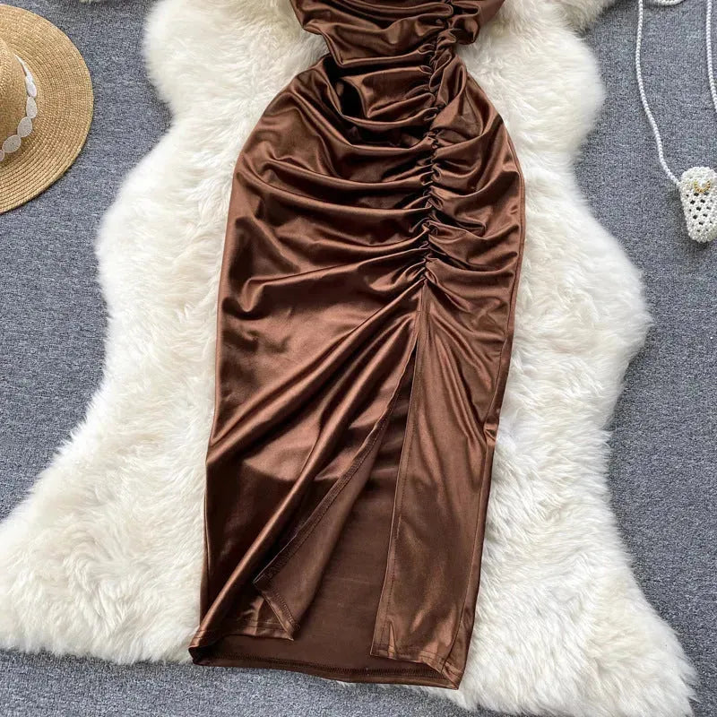 Elegant Women Sleeveless One shoulder Drawstring Satin Dress for Party, Wedding, Cocktail - EX-STOCK CANADA