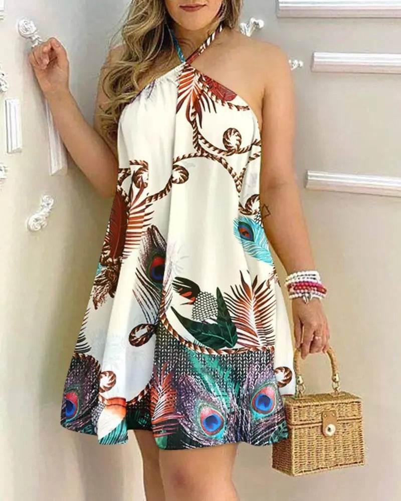 Printed Dress Summer Off-Shoulder Hanging Neck Sleeveless Sexy Dresses Women - EX-STOCK Canada