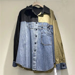High-grade Contrast Color Patchwork Cotton Denim Long Sleeve Loose Shirt Women - EX-STOCK CANADA
