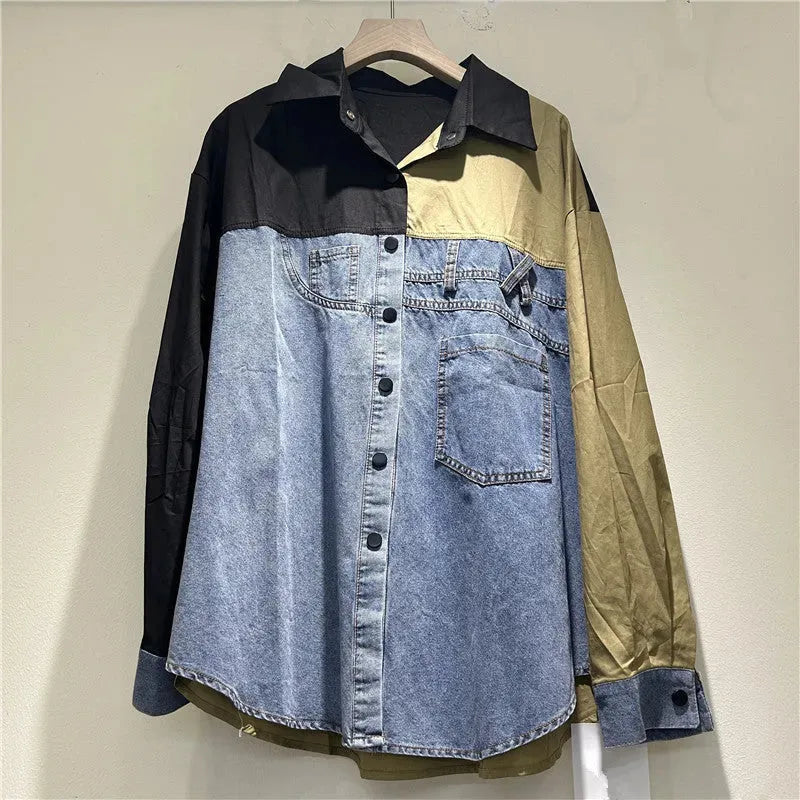 High-grade Contrast Color Patchwork Cotton Denim Long Sleeve Loose Shirt Women - EX-STOCK CANADA