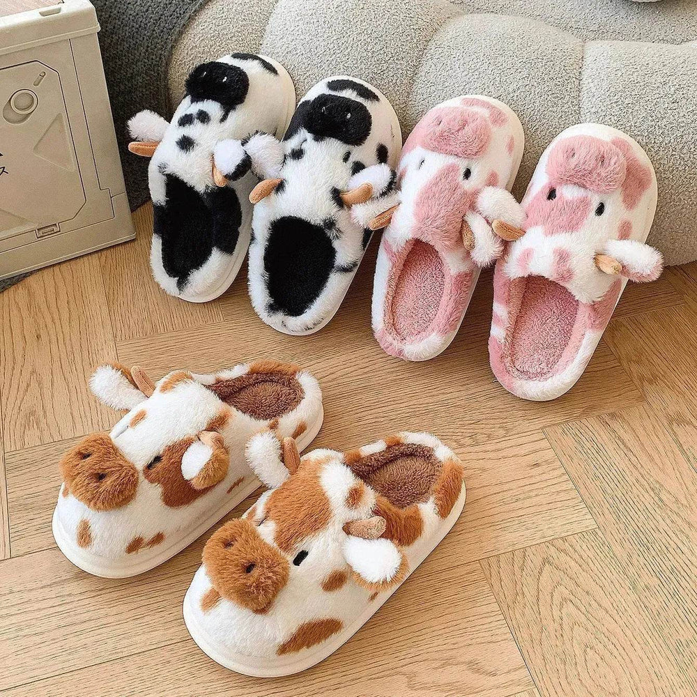 Cute Cartoon Cow Plush Slippers Winter Warm Indoor Bedroom Floor Fuzzy Slipper Couple Non-slip House Shoes - EX-STOCK Canada