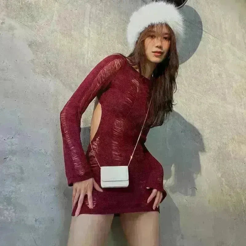 Women Fashion Slim Fit Hollow Long Sleeve Dress Y2K Charming Backless Hip-hugging Short Mini Suspender Dresses for Club Party - EX-STOCK CANADA