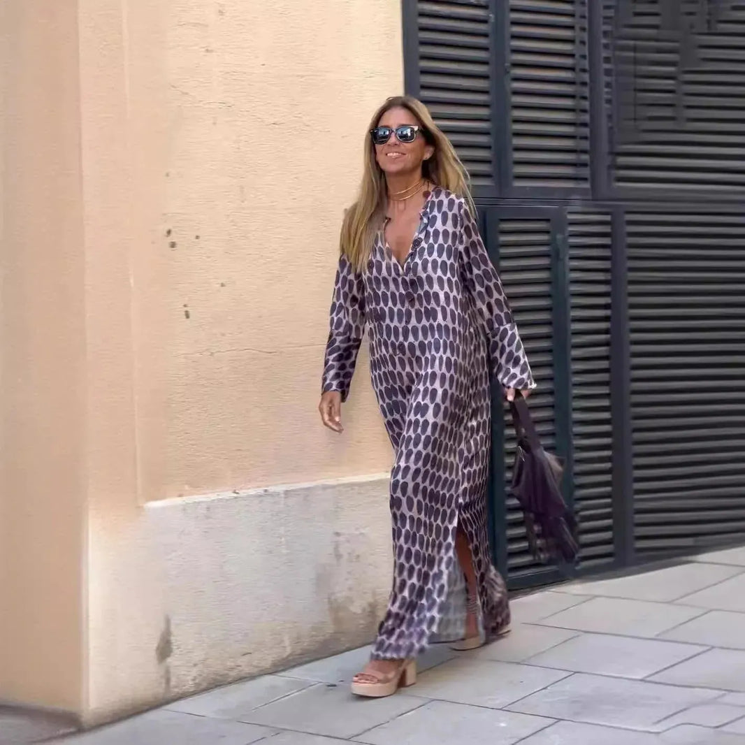 Summer Geometric Printed V-neck Long Dress Fashion Long Sleeve Slit Dresses For Women - EX-STOCK CANADA
