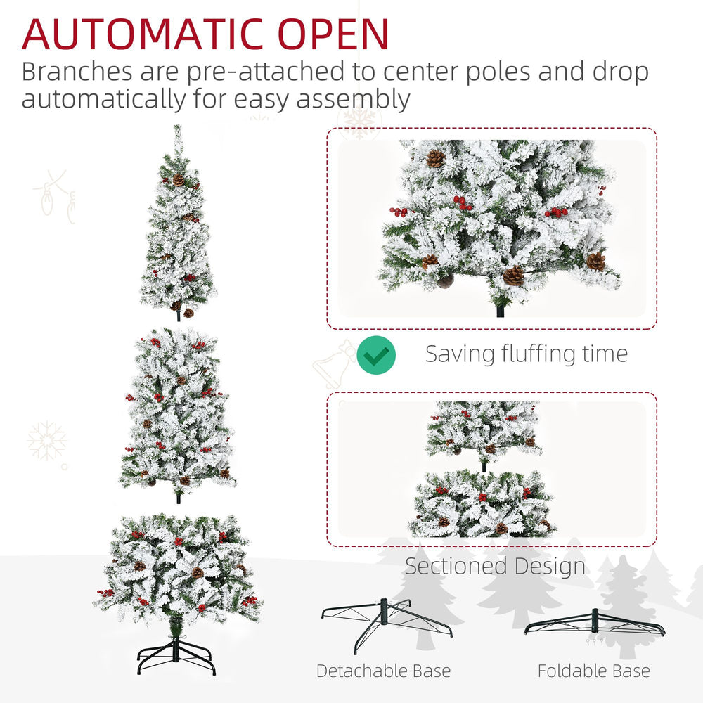 7.5 Foot Pencil Snow Flocked Artificial Christmas Tree With 950 Pine Realistic Branches, Pine Cones, Red Berries, Auto Open, Green EX-STOCK Canada 