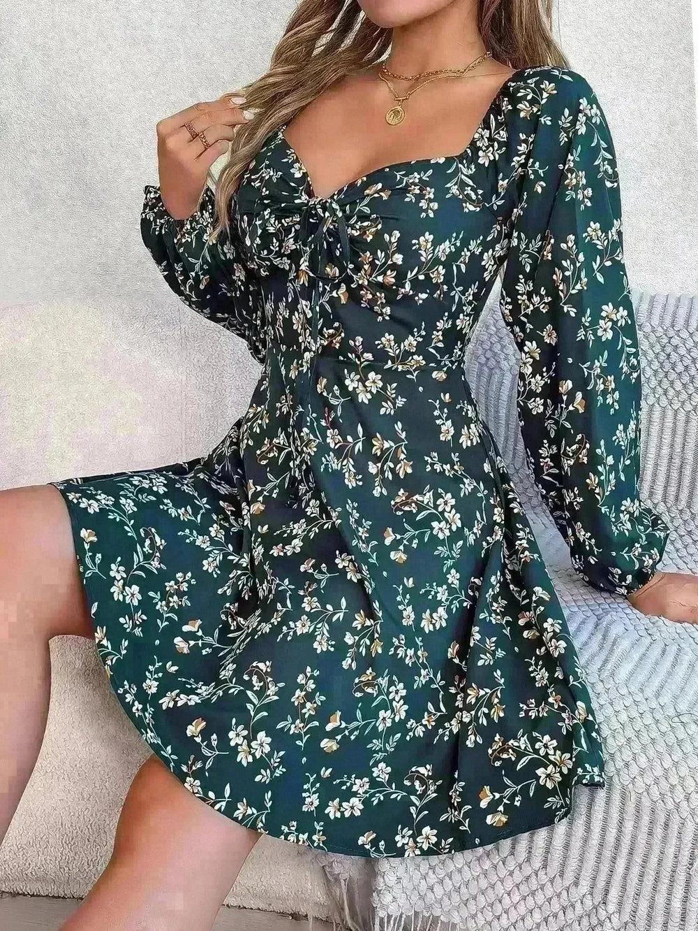 Casual Summer Floral Mini Dress Lantern Sleeve  Skater Dress - EX-STOCK CANADA