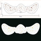 Mustache-shaped stickers with star patterns and measurements on a white background