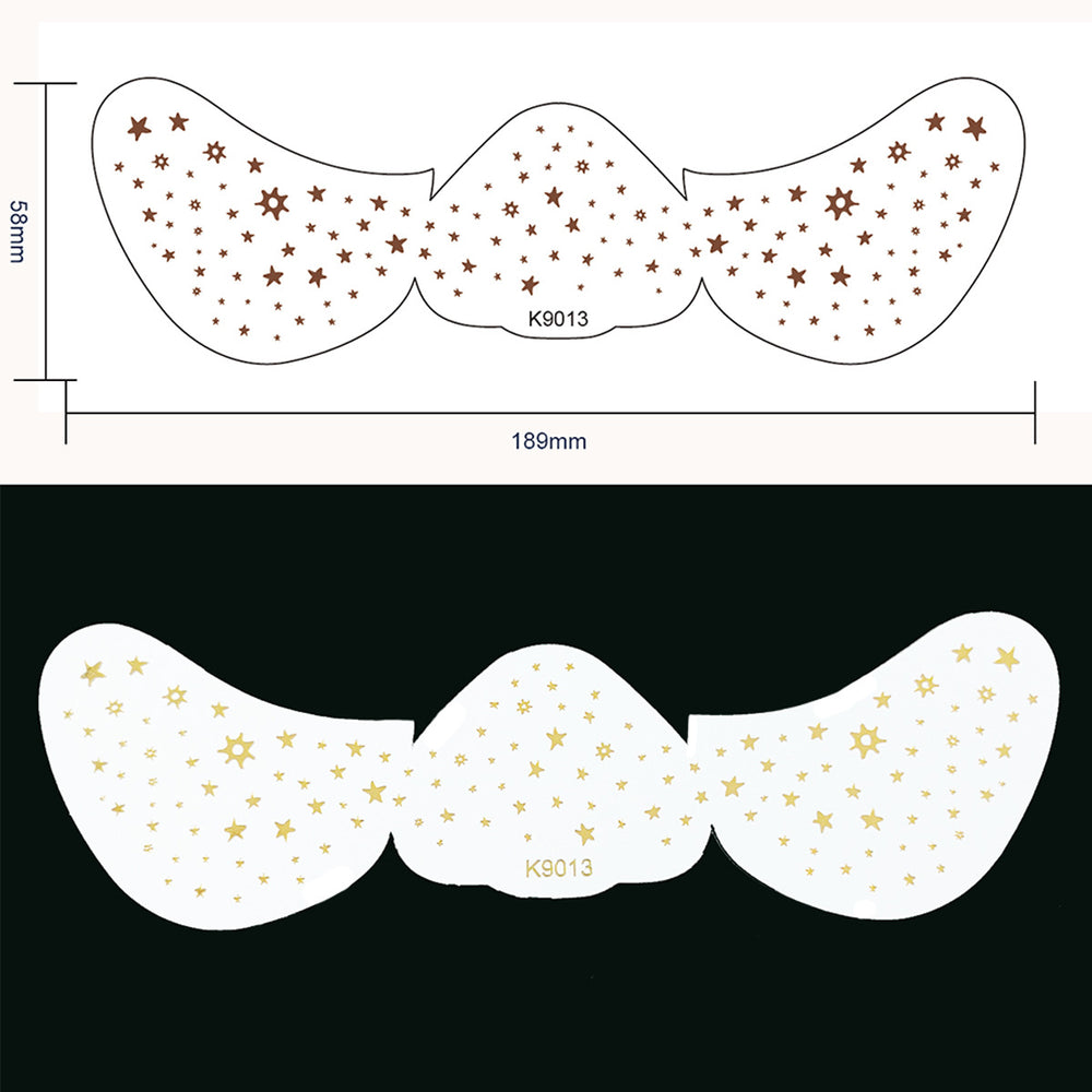 Mustache-shaped stickers with star patterns and measurements on a white background