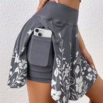 Grey Women's Floral High-Waist Skort – Built-In Shorts, Pockets, 8 Colours | XS–XXL
