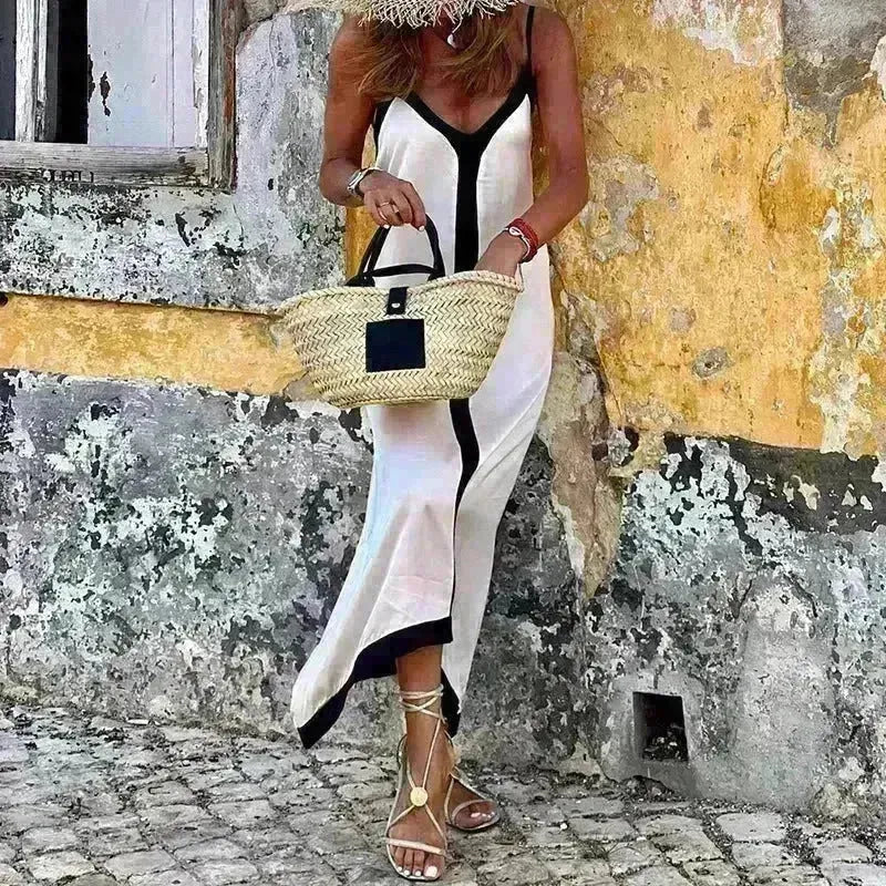 Women's Fashionable Casual Solid Color Spaghetti Straps Sleeveless V-neck Midi Dress - EX-STOCK CANADA