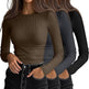 Three long-sleeve ribbed tops in brown, gray, and black worn by a model.