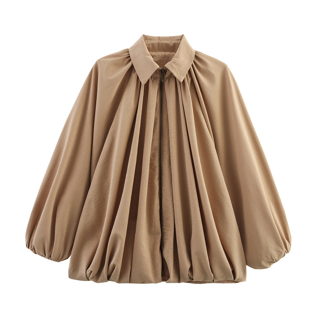 Women's Loose Pleated Zip-Front Jacket – Balloon Sleeves, 6 Colours | Sizes XS–XL