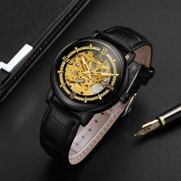 Montre mécanique pour hommes à cadran creux, montre habillée à cadran squelette en or, argent et noir
