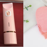 Pink grooming tool and mitt on a white background